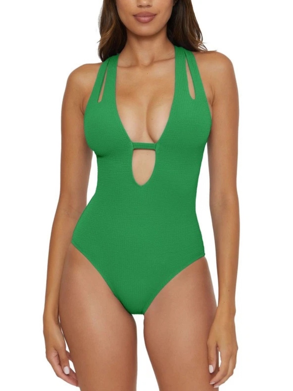 Becca Pucker Up Tear Drop Ribbed One-Piece Swimsuit in Kelly Green, SZ L NWT